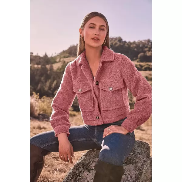 imagePRETTYGARDEN Womens Fall Clothes Sherpa Shacket Jacket Fuzzy Lapel Button Down Cropped Coat Winter OuterwearGrey Pink