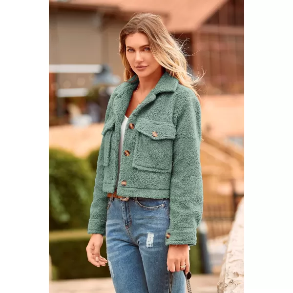 imagePRETTYGARDEN Womens Fall Clothes Sherpa Shacket Jacket Fuzzy Lapel Button Down Cropped Coat Winter OuterwearLight Green