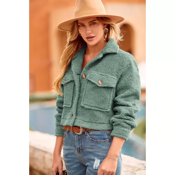 imagePRETTYGARDEN Womens Fall Clothes Sherpa Shacket Jacket Fuzzy Lapel Button Down Cropped Coat Winter OuterwearLight Green
