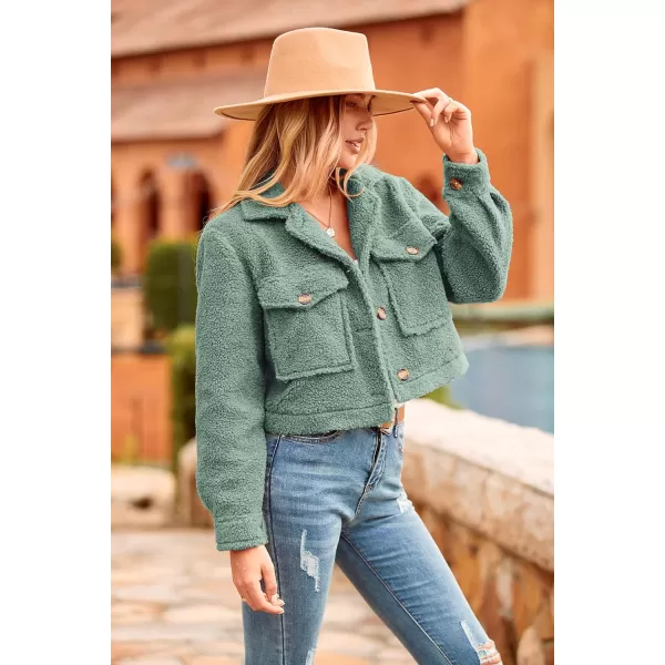 imagePRETTYGARDEN Womens Fall Clothes Sherpa Shacket Jacket Fuzzy Lapel Button Down Cropped Coat Winter OuterwearLight Green