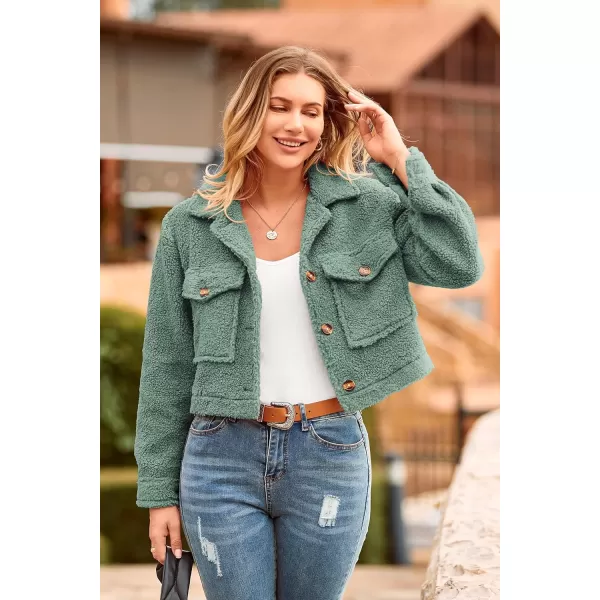 imagePRETTYGARDEN Womens Fall Clothes Sherpa Shacket Jacket Fuzzy Lapel Button Down Cropped Coat Winter OuterwearLight Green