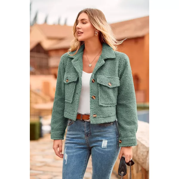imagePRETTYGARDEN Womens Fall Clothes Sherpa Shacket Jacket Fuzzy Lapel Button Down Cropped Coat Winter OuterwearLight Green