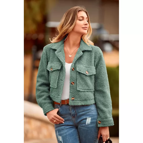 imagePRETTYGARDEN Womens Fall Clothes Sherpa Shacket Jacket Fuzzy Lapel Button Down Cropped Coat Winter OuterwearLight Green