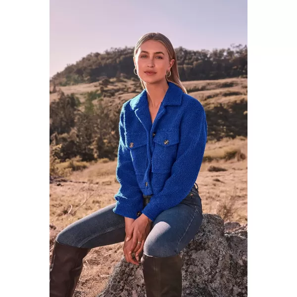imagePRETTYGARDEN Womens Fall Clothes Sherpa Shacket Jacket Fuzzy Lapel Button Down Cropped Coat Winter OuterwearRoyal Blue