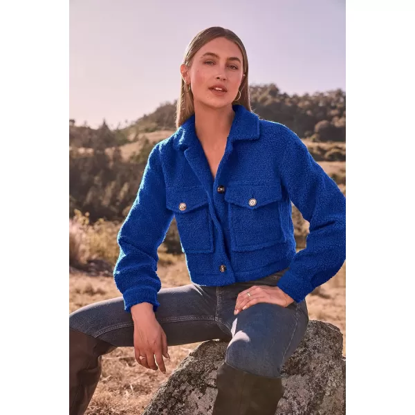 imagePRETTYGARDEN Womens Fall Clothes Sherpa Shacket Jacket Fuzzy Lapel Button Down Cropped Coat Winter OuterwearRoyal Blue