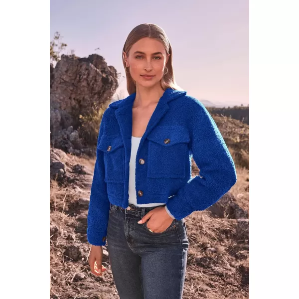 imagePRETTYGARDEN Womens Fall Clothes Sherpa Shacket Jacket Fuzzy Lapel Button Down Cropped Coat Winter OuterwearRoyal Blue