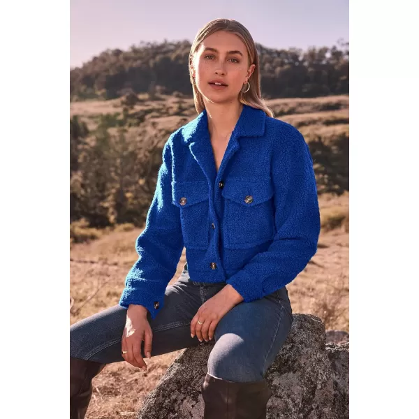 imagePRETTYGARDEN Womens Fall Clothes Sherpa Shacket Jacket Fuzzy Lapel Button Down Cropped Coat Winter OuterwearRoyal Blue