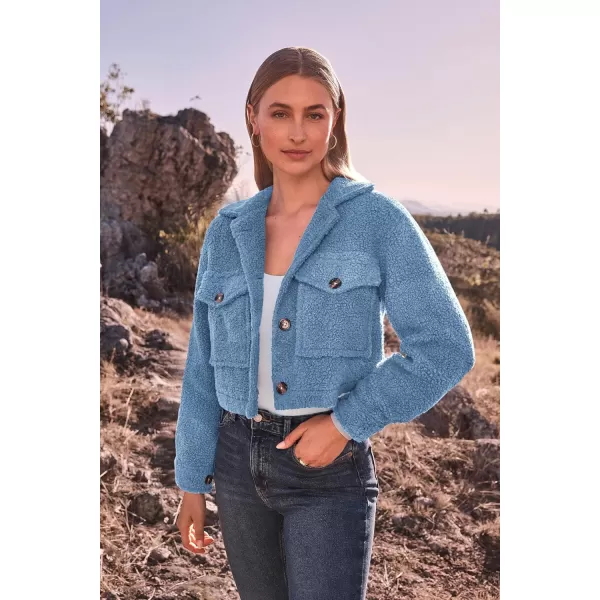 imagePRETTYGARDEN Womens Fall Clothes Sherpa Shacket Jacket Fuzzy Lapel Button Down Cropped Coat Winter OuterwearSky Blue