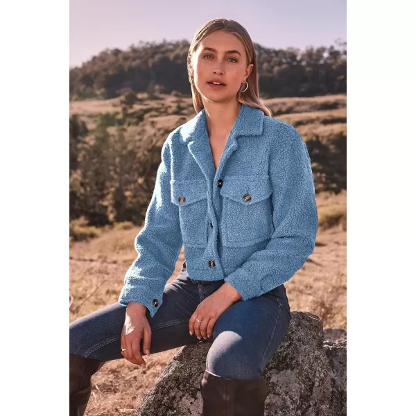 imagePRETTYGARDEN Womens Fall Clothes Sherpa Shacket Jacket Fuzzy Lapel Button Down Cropped Coat Winter OuterwearSky Blue