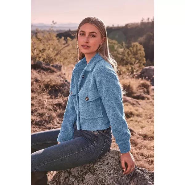 imagePRETTYGARDEN Womens Fall Clothes Sherpa Shacket Jacket Fuzzy Lapel Button Down Cropped Coat Winter OuterwearSky Blue