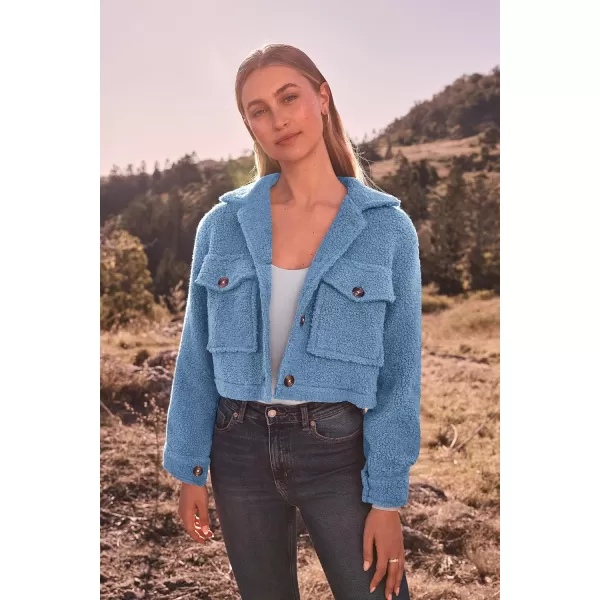 imagePRETTYGARDEN Womens Fall Clothes Sherpa Shacket Jacket Fuzzy Lapel Button Down Cropped Coat Winter OuterwearSky Blue