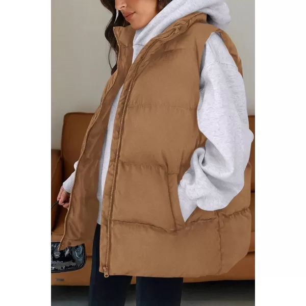imagePRETTYGARDEN Womens Fall Fashion Vests Casual Sleeveless Stand Collar Zip Up Jacket Coats Warm Winter OuterwearKhaki