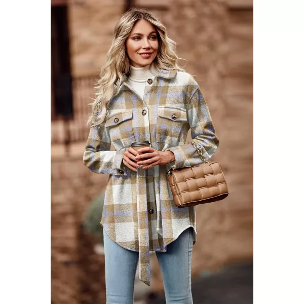 imagePRETTYGARDEN Womens Fall Fashion Winter Trench Coats Lapel Button Down Peacoat Belted Outerwear Casual JacketsPlaid Blue Brown