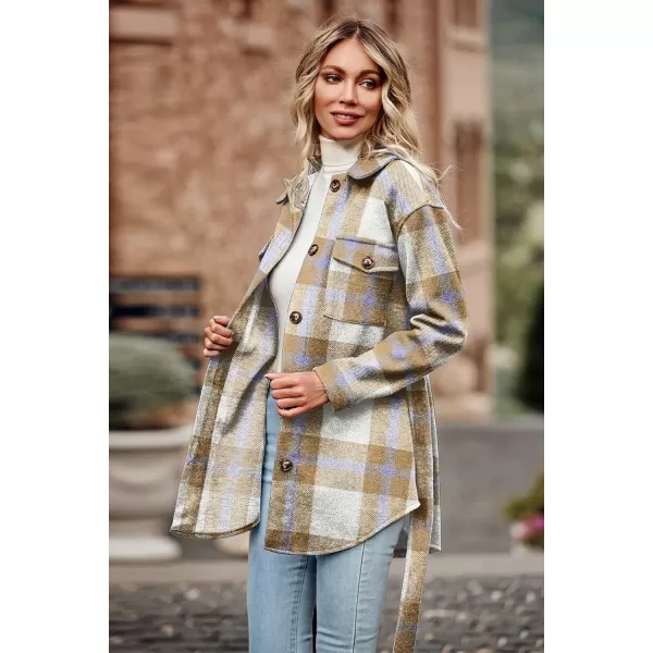 imagePRETTYGARDEN Womens Fall Fashion Winter Trench Coats Lapel Button Down Peacoat Belted Outerwear Casual JacketsPlaid Blue Brown