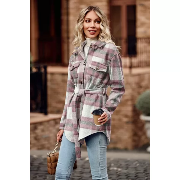 imagePRETTYGARDEN Womens Fall Fashion Winter Trench Coats Lapel Button Down Peacoat Belted Outerwear Casual JacketsPlaid Pink White