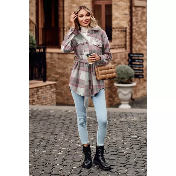 imagePRETTYGARDEN Womens Fall Fashion Winter Trench Coats Lapel Button Down Peacoat Belted Outerwear Casual JacketsPlaid Pink White