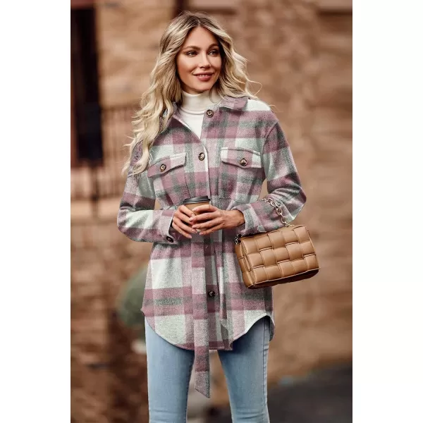 imagePRETTYGARDEN Womens Fall Fashion Winter Trench Coats Lapel Button Down Peacoat Belted Outerwear Casual JacketsPlaid Pink White