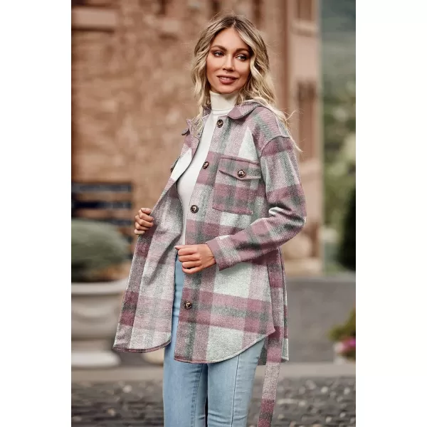 imagePRETTYGARDEN Womens Fall Fashion Winter Trench Coats Lapel Button Down Peacoat Belted Outerwear Casual JacketsPlaid Pink White