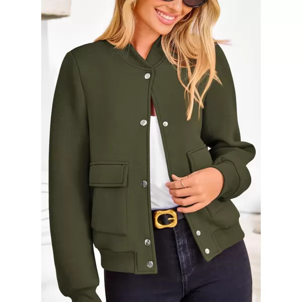 imagePRETTYGARDEN Womens Fall Varsity Bomber Jackets Casual Long Sleeve Button up Lightweight Cropped Coats OuterwearArmy Green