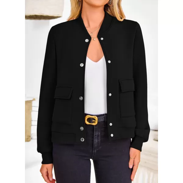 imagePRETTYGARDEN Womens Fall Varsity Bomber Jackets Casual Long Sleeve Button up Lightweight Cropped Coats OuterwearBlack