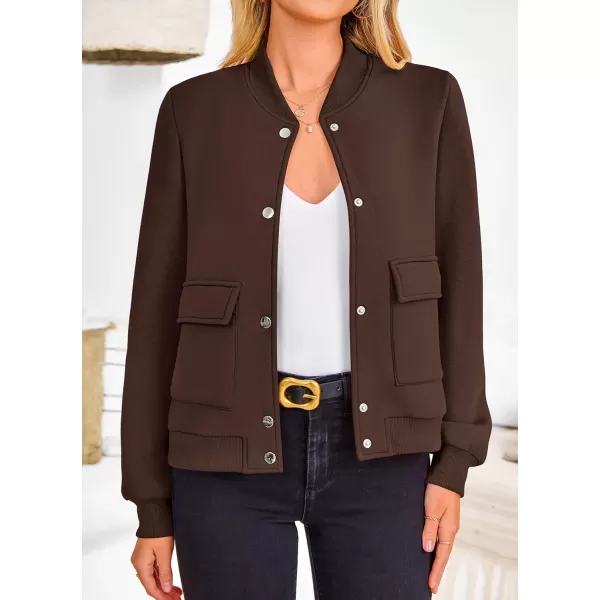 imagePRETTYGARDEN Womens Fall Varsity Bomber Jackets Casual Long Sleeve Button up Lightweight Cropped Coats OuterwearCoffee