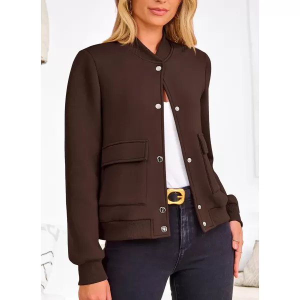 imagePRETTYGARDEN Womens Fall Varsity Bomber Jackets Casual Long Sleeve Button up Lightweight Cropped Coats OuterwearCoffee