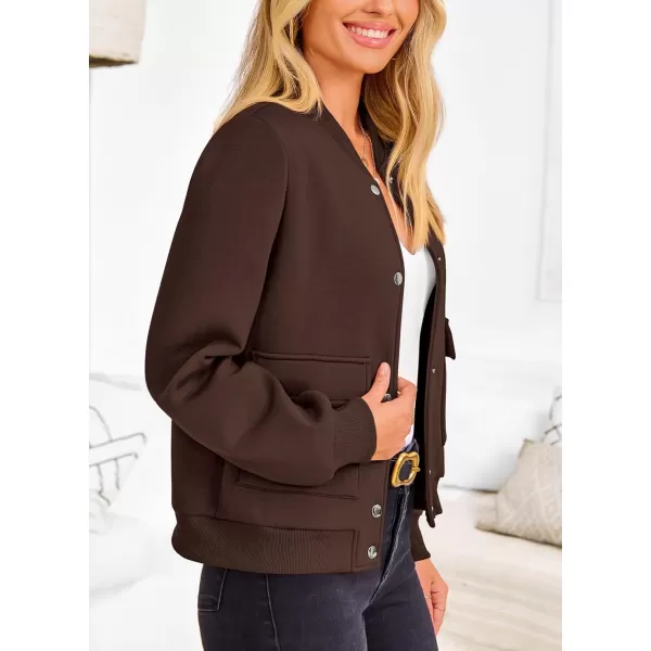 imagePRETTYGARDEN Womens Fall Varsity Bomber Jackets Casual Long Sleeve Button up Lightweight Cropped Coats OuterwearCoffee