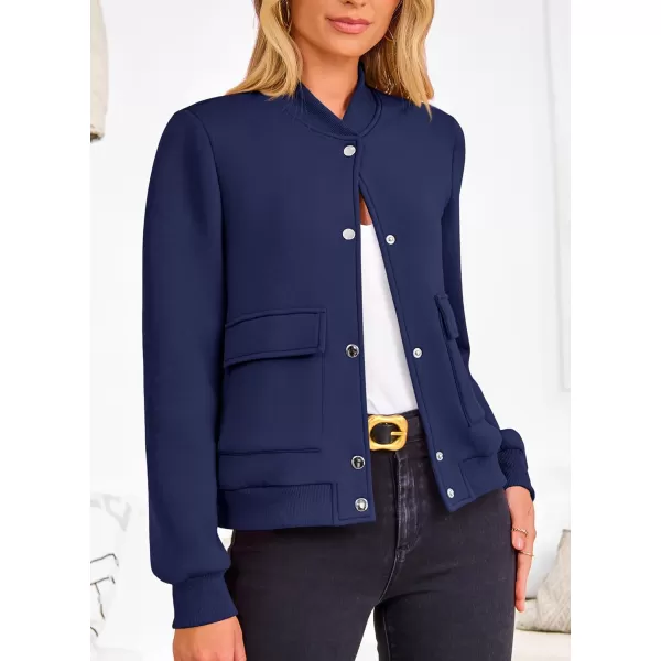 imagePRETTYGARDEN Womens Fall Varsity Bomber Jackets Casual Long Sleeve Button up Lightweight Cropped Coats OuterwearDark Blue