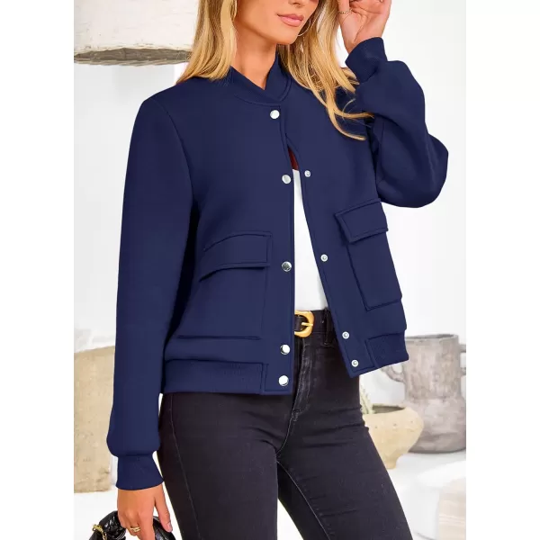 imagePRETTYGARDEN Womens Fall Varsity Bomber Jackets Casual Long Sleeve Button up Lightweight Cropped Coats OuterwearDark Blue
