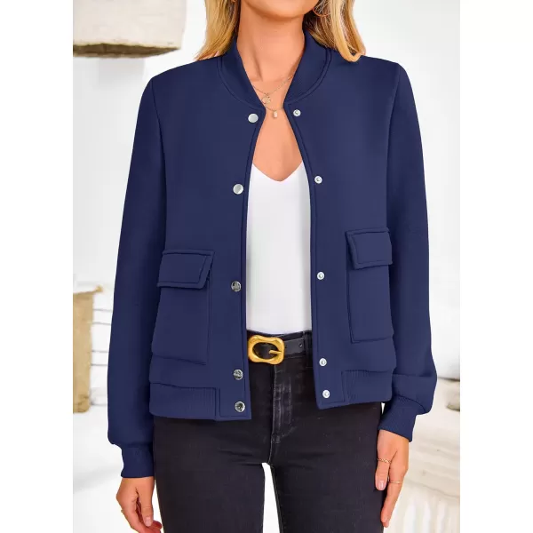 imagePRETTYGARDEN Womens Fall Varsity Bomber Jackets Casual Long Sleeve Button up Lightweight Cropped Coats OuterwearDark Blue