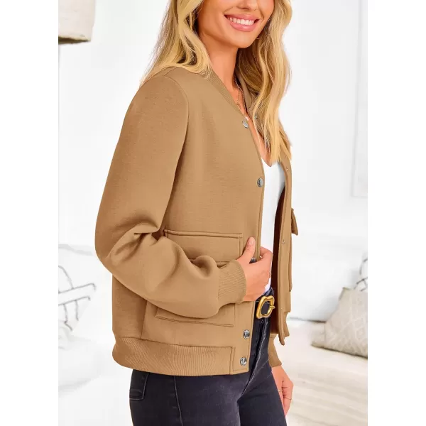 imagePRETTYGARDEN Womens Fall Varsity Bomber Jackets Casual Long Sleeve Button up Lightweight Cropped Coats OuterwearKhaki