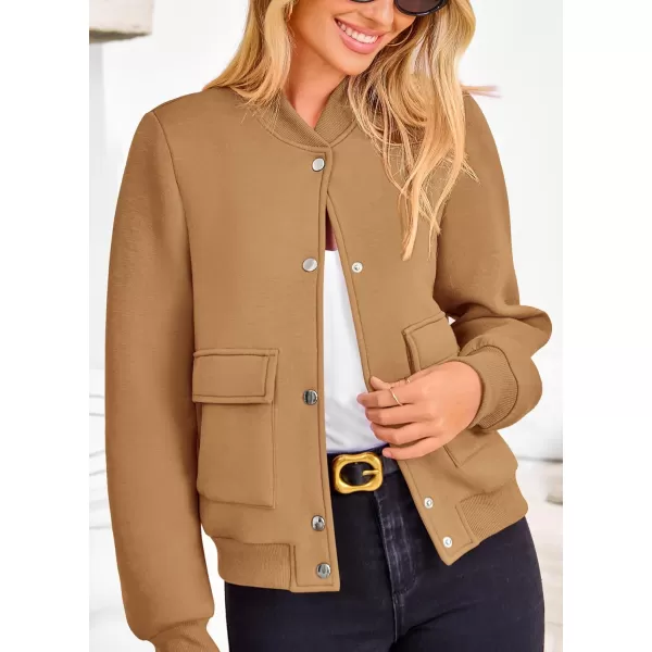 imagePRETTYGARDEN Womens Fall Varsity Bomber Jackets Casual Long Sleeve Button up Lightweight Cropped Coats OuterwearKhaki
