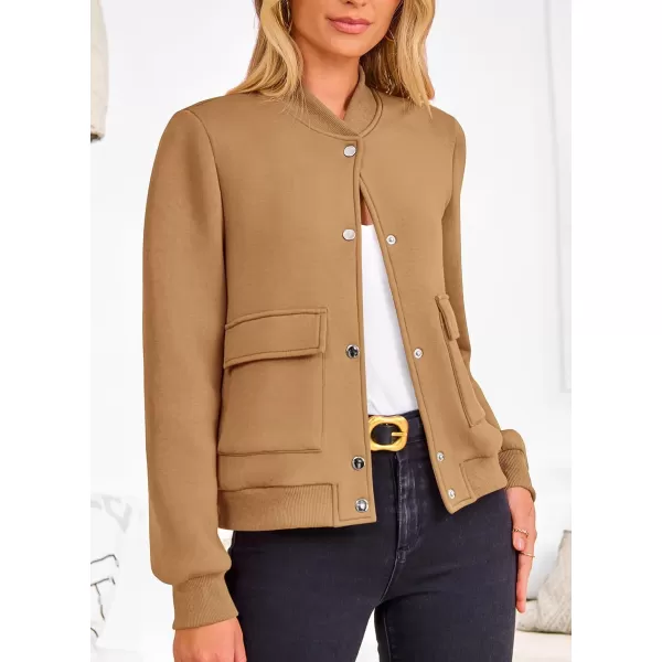 imagePRETTYGARDEN Womens Fall Varsity Bomber Jackets Casual Long Sleeve Button up Lightweight Cropped Coats OuterwearKhaki
