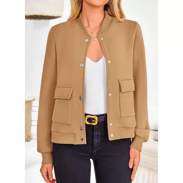 imagePRETTYGARDEN Womens Fall Varsity Bomber Jackets Casual Long Sleeve Button up Lightweight Cropped Coats OuterwearKhaki