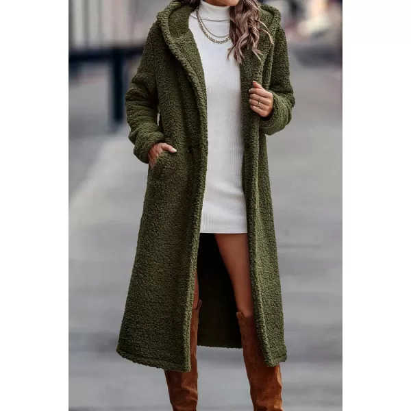 imagePRETTYGARDEN Womens Fashion Winter Coats Fuzzy Fleece Long Hooded Jackets Button Down Faux Fur Warm OuterwearArmy Green