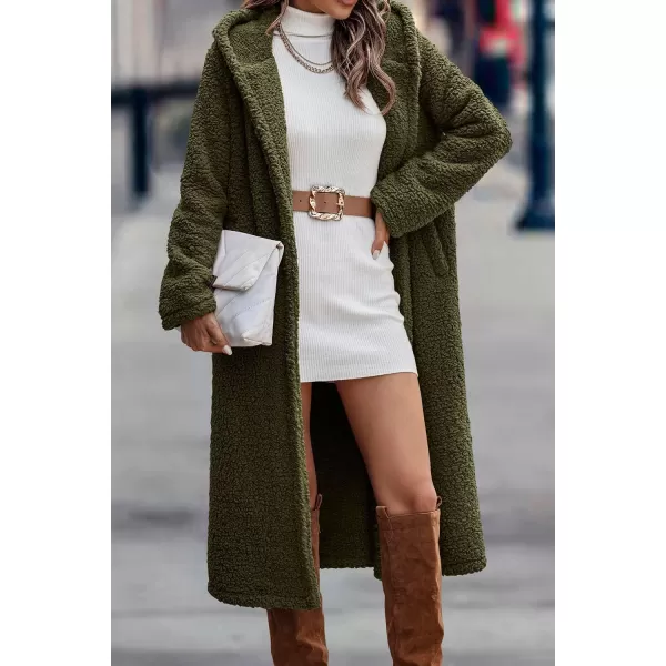 imagePRETTYGARDEN Womens Fashion Winter Coats Fuzzy Fleece Long Hooded Jackets Button Down Faux Fur Warm OuterwearArmy Green