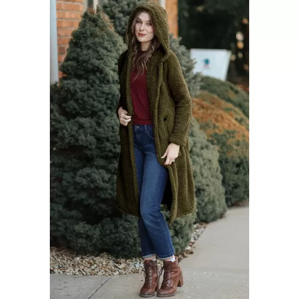 imagePRETTYGARDEN Womens Fashion Winter Coats Fuzzy Fleece Long Hooded Jackets Button Down Faux Fur Warm OuterwearArmy Green