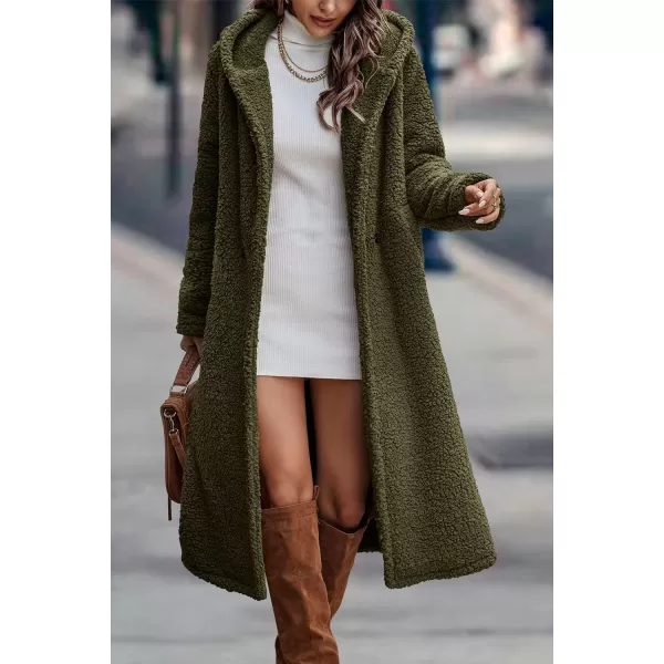 imagePRETTYGARDEN Womens Fashion Winter Coats Fuzzy Fleece Long Hooded Jackets Button Down Faux Fur Warm OuterwearArmy Green