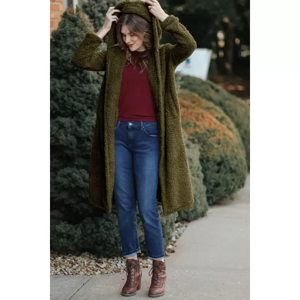 imagePRETTYGARDEN Womens Fashion Winter Coats Fuzzy Fleece Long Hooded Jackets Button Down Faux Fur Warm OuterwearArmy Green