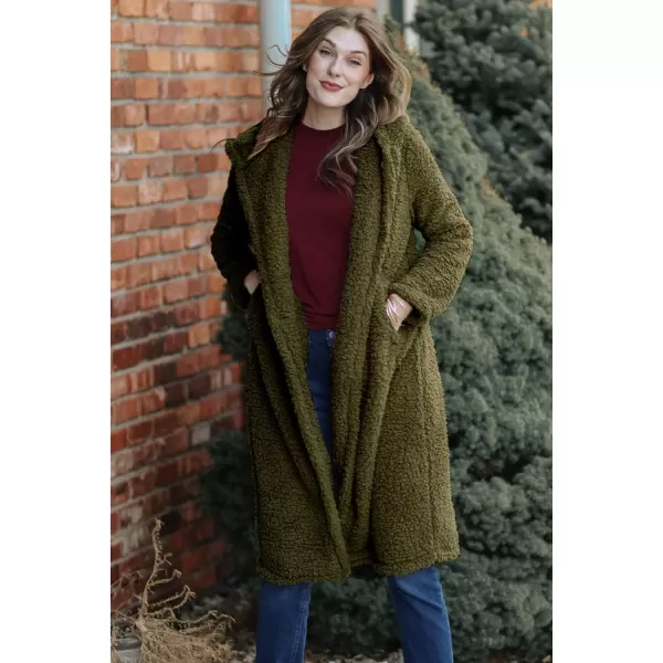 imagePRETTYGARDEN Womens Fashion Winter Coats Fuzzy Fleece Long Hooded Jackets Button Down Faux Fur Warm OuterwearArmy Green