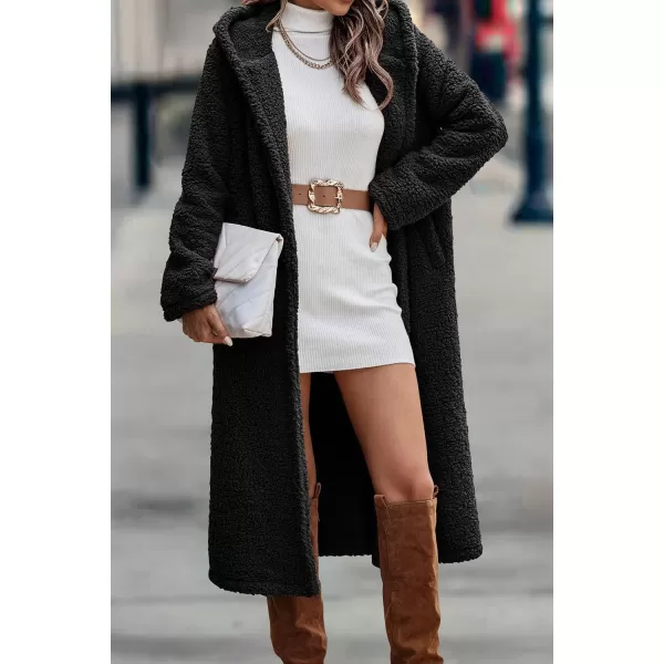 imagePRETTYGARDEN Womens Fashion Winter Coats Fuzzy Fleece Long Hooded Jackets Button Down Faux Fur Warm OuterwearBlack