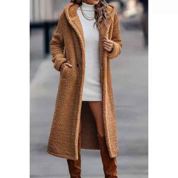 imagePRETTYGARDEN Womens Fashion Winter Coats Fuzzy Fleece Long Hooded Jackets Button Down Faux Fur Warm OuterwearGolden Camel