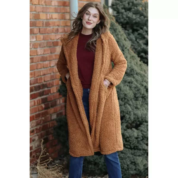 imagePRETTYGARDEN Womens Fashion Winter Coats Fuzzy Fleece Long Hooded Jackets Button Down Faux Fur Warm OuterwearGolden Camel