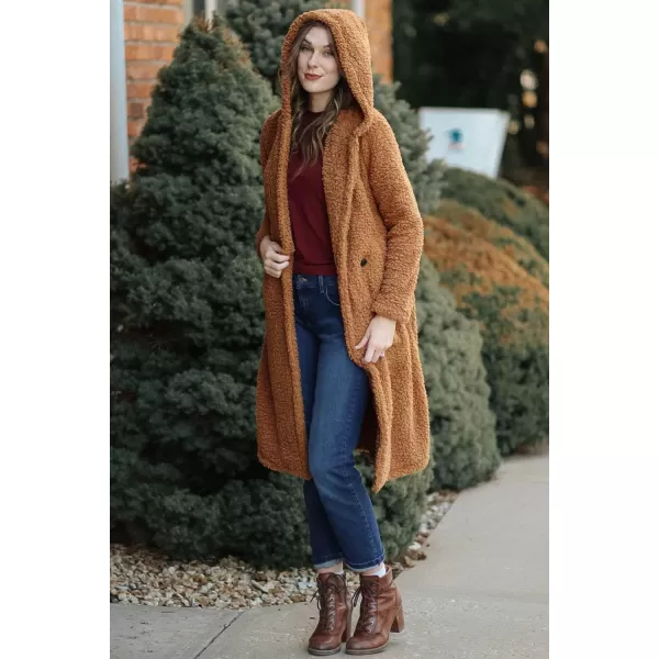 imagePRETTYGARDEN Womens Fashion Winter Coats Fuzzy Fleece Long Hooded Jackets Button Down Faux Fur Warm OuterwearGolden Camel