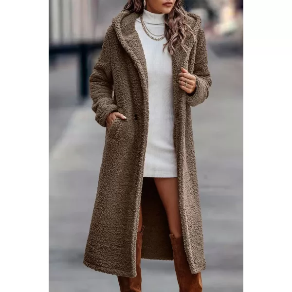 imagePRETTYGARDEN Womens Fashion Winter Coats Fuzzy Fleece Long Hooded Jackets Button Down Faux Fur Warm OuterwearKhaki