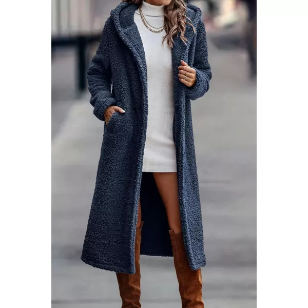imagePRETTYGARDEN Womens Fashion Winter Coats Fuzzy Fleece Long Hooded Jackets Button Down Faux Fur Warm OuterwearNavy