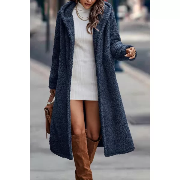 imagePRETTYGARDEN Womens Fashion Winter Coats Fuzzy Fleece Long Hooded Jackets Button Down Faux Fur Warm OuterwearNavy