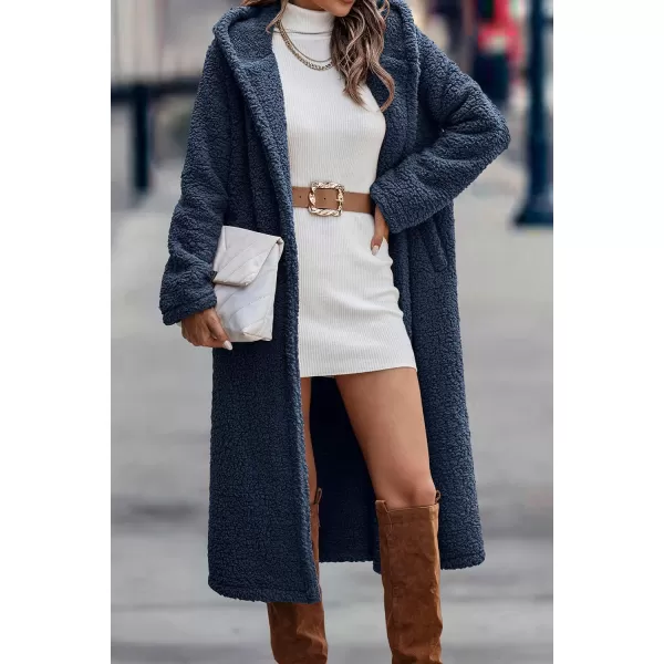 imagePRETTYGARDEN Womens Fashion Winter Coats Fuzzy Fleece Long Hooded Jackets Button Down Faux Fur Warm OuterwearNavy