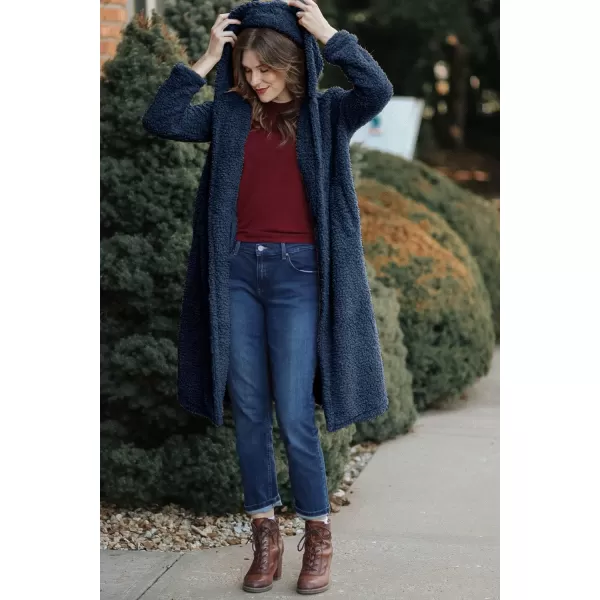 imagePRETTYGARDEN Womens Fashion Winter Coats Fuzzy Fleece Long Hooded Jackets Button Down Faux Fur Warm OuterwearNavy