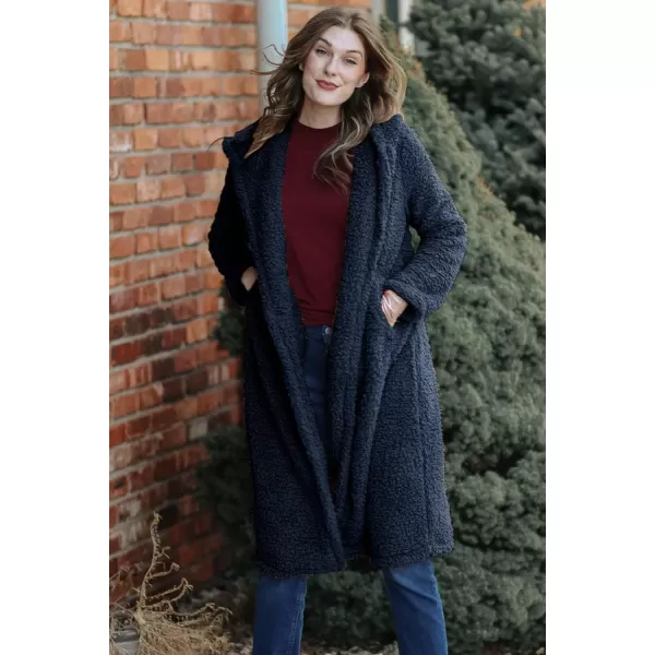 imagePRETTYGARDEN Womens Fashion Winter Coats Fuzzy Fleece Long Hooded Jackets Button Down Faux Fur Warm OuterwearNavy